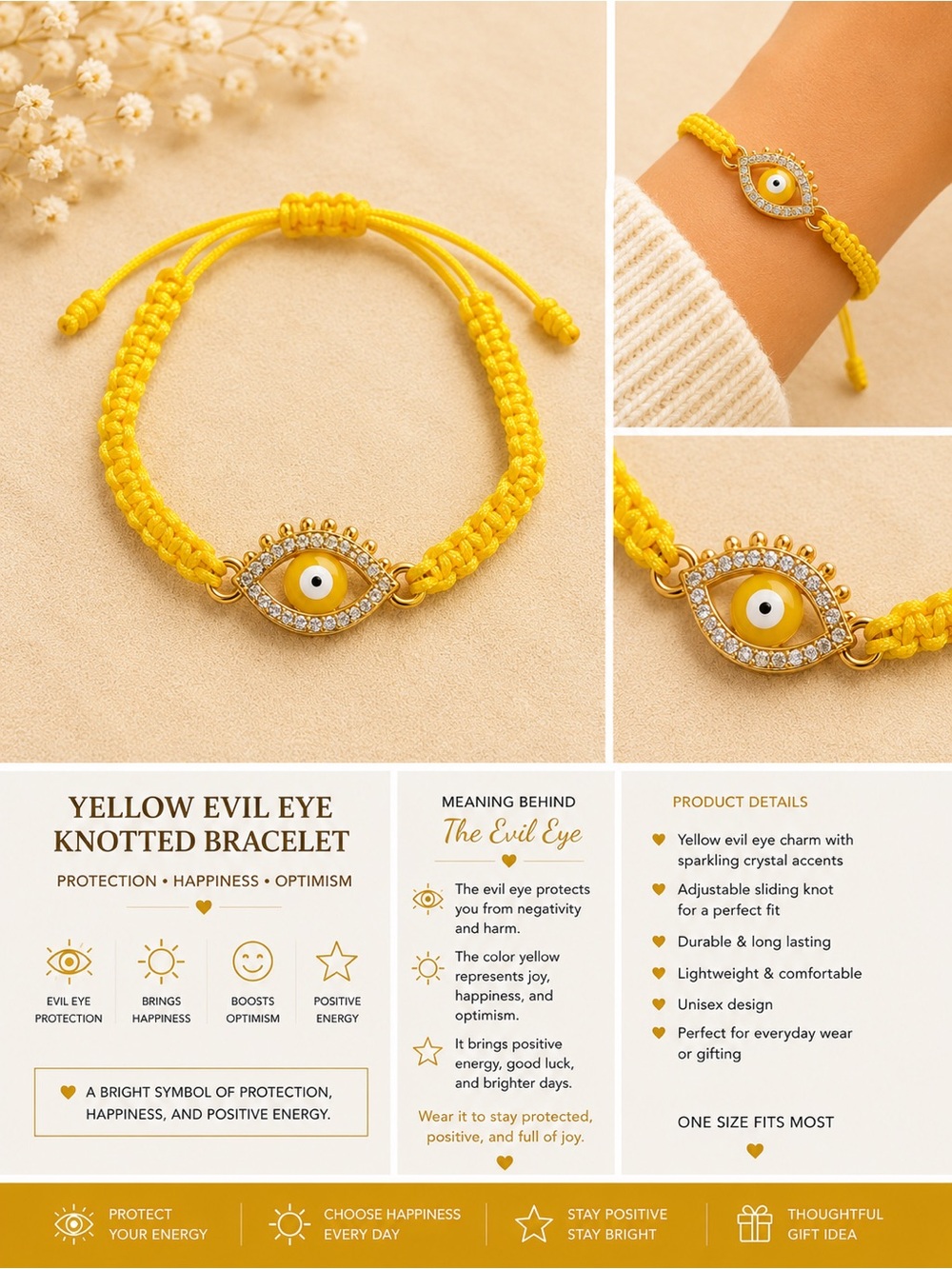 Yellow Evil Eye Knotted Bracelet with Crystal Accents